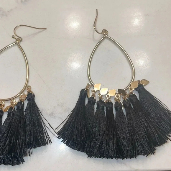BLACK FRINGE DROP TEARDROP HOOP EARRINGS GOLD TONE FUN AND FESTIVE - Picture 4 of 10